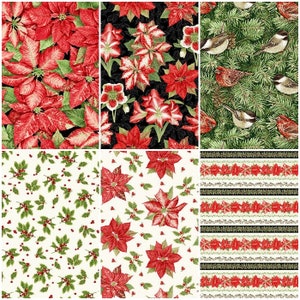 Holiday Botanical, Christmas, Poinsettias, Cardinals, 100% Cotton Fabric, 10 Styles By Henry Glass! 6 Styles