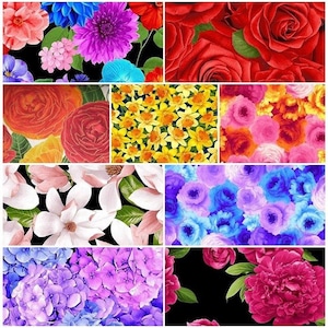 Spring Blooms Botanical Flowers Floral Garden 100% Cotton Fabrics! Rose, Hibiscus, Lily, Daffodil