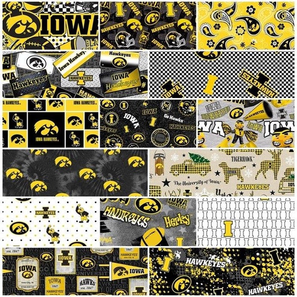 NCAA University of Iowa Hawkeyes Yellow & Black College Logo 100% Cotton Fabric by Sykel! 10+ Styles