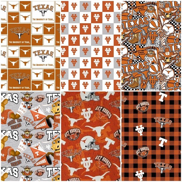 NCAA University of Texas Longhorns Burnt Orange & White College Logo 100% Cotton Fabric by Sykel! 7 Styles