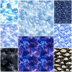 May include: A collage of fabric swatches featuring cloud patterns. The designs include various shades of blue, from light sky blue to deep navy, with fluffy white clouds. One swatch has a dark, stormy cloud design, and another features a galaxy-like pattern.
