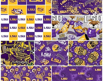 NCAA Louisiana State University LSU Tigers Purple & Gold College Logo 100% Cotton Fabric by Sykel! 9 Styles