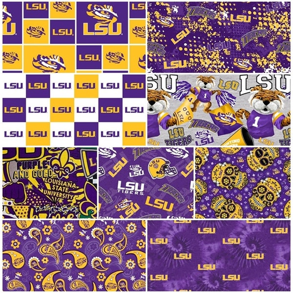 NCAA Louisiana State University LSU Tigers Purple & Gold College Logo 100% Cotton Fabric by Sykel! 9 Styles