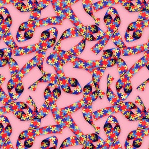 May include: A pink background with a repeating pattern of blue, yellow, and red puzzle piece ribbons. The ribbons are arranged in a variety of ways, creating a dynamic and colorful design.