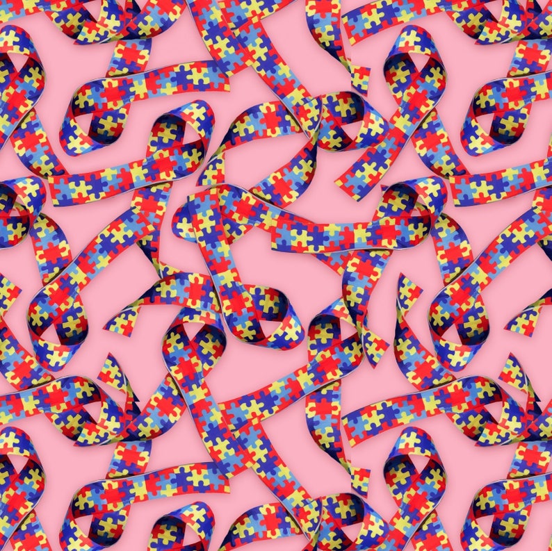 May include: A pink background with a repeating pattern of blue, yellow, and red puzzle piece ribbons. The ribbons are arranged in a variety of ways, creating a dynamic and colorful design.