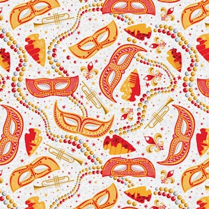 K&ouml;nnte beinhalten: Ein sich wiederholendes Muster mit rot-goldenen Karnevalsmasken, Trompeten, Perlenketten und Fleur-de-Lis-Symbolen auf wei&szlig;em Hintergrund. Das Design umfasst kleine Sterne und dekorative Elemente.