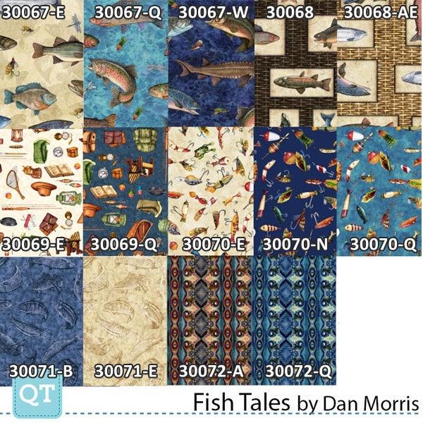 Catch of the Day Fish Tails Fishermen, Gear, Equipment, Lures, Tackle Box 100% Cotton Fabric by QT! 14 Styles