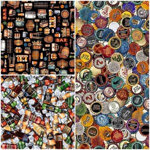 May include: A collage of beer-themed images. One section features beer bottles and ice, another shows bottle caps with various beer brand logos, and the last shows beer barrels, mugs, and signs on a black background.