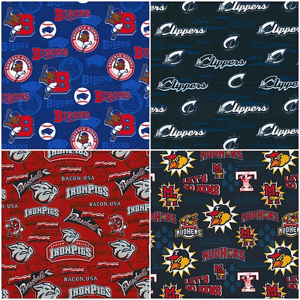 MiLB Minor League Baseball AAA Teams Cotton Fabric! Buffalo Bisons, Columbus Clippers, Lehigh Valley Iron Pigs, & Toldeo Mudhens! 4 Styles