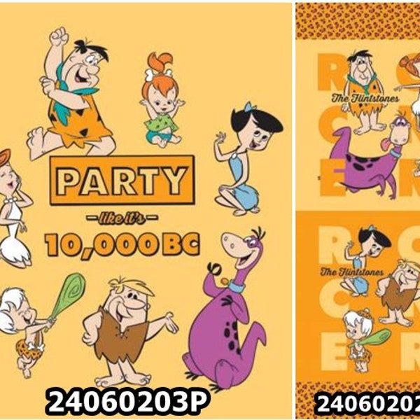 Flintstones Stone Age Family Bedrock, Fred Flintstone, Wilma, Pebbles, Bam Bam 100% Cotton Fabric Panels! 2 Styles