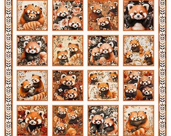 May include: A fabric panel featuring a grid of sixteen square illustrations of red pandas in various poses, surrounded by floral elements in shades of orange, brown, and cream, framed by two vertical borders with a repeating leaf pattern.