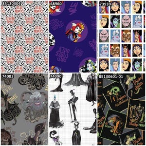 Disney Diabolical Villains 100% Cotton Fabric! The Evil Queen, Cruella, Ursula, Maleficent, Jafar, Mother Gothel! 6 Styles!