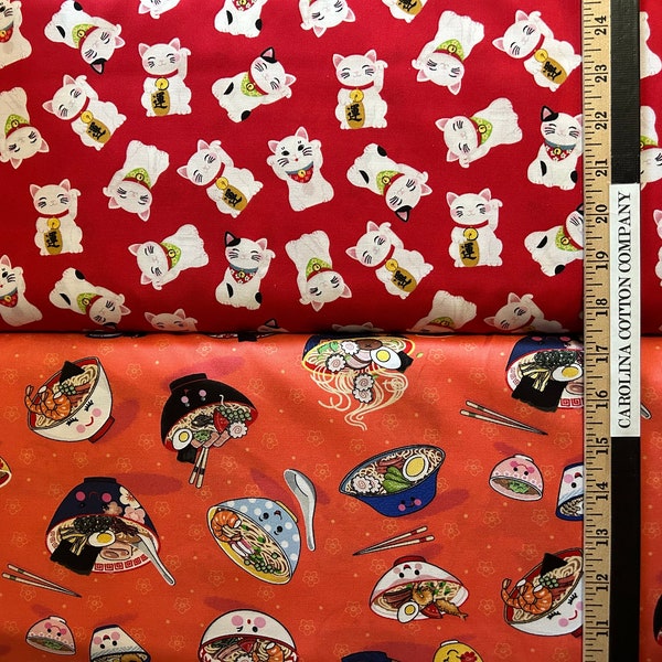 Japanese Happy Noodle & Lucky Cats Maneki-neko 100% Cotton Fabric! 2 Styles