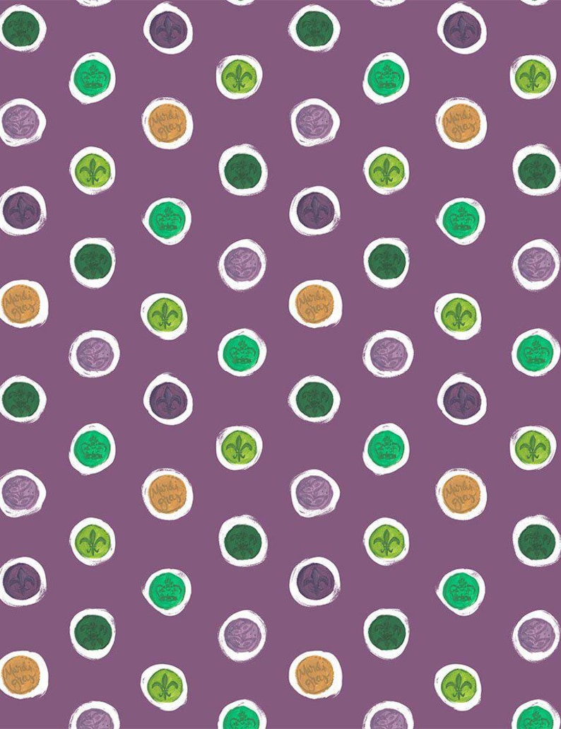 Carnaval de Mardi Gras, Martes de Carnaval, Nueva Orleans, cuentas, plumas, lentejuelas, Nola, confeti. ¡Telas 100 % algodón! 12 estilos. 1735 PLUM DOUBLOONS