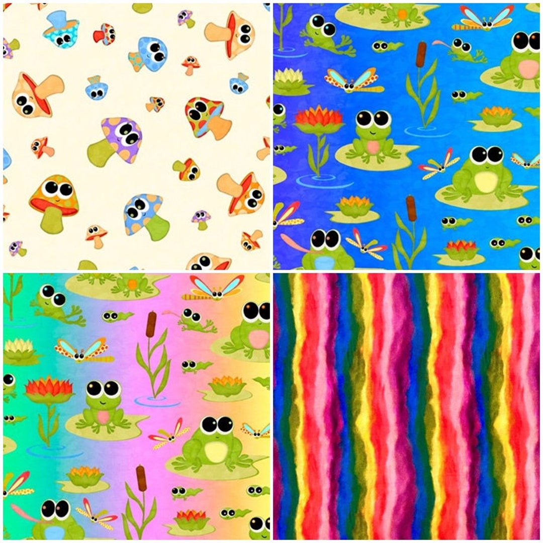 Hip Hop Frogs, Lily Pads, Mushrooms, Rainbow Stripes 100 Cotton Fabric
