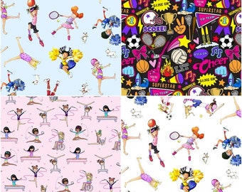 Girl Sports, Gymnastics & Cheerleader Words on Black Teamwork Victory Cheer 100% Cotton Fabrics! 4 Styles