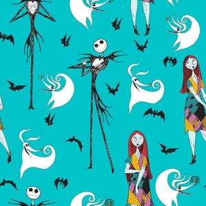 Disney's Nightmare Before Christmas Jack Skellington, Halloweentown, Pumpkin King, Sally, Zero 100% Cotton Fabrics by Springs Creative 73200 AQUA