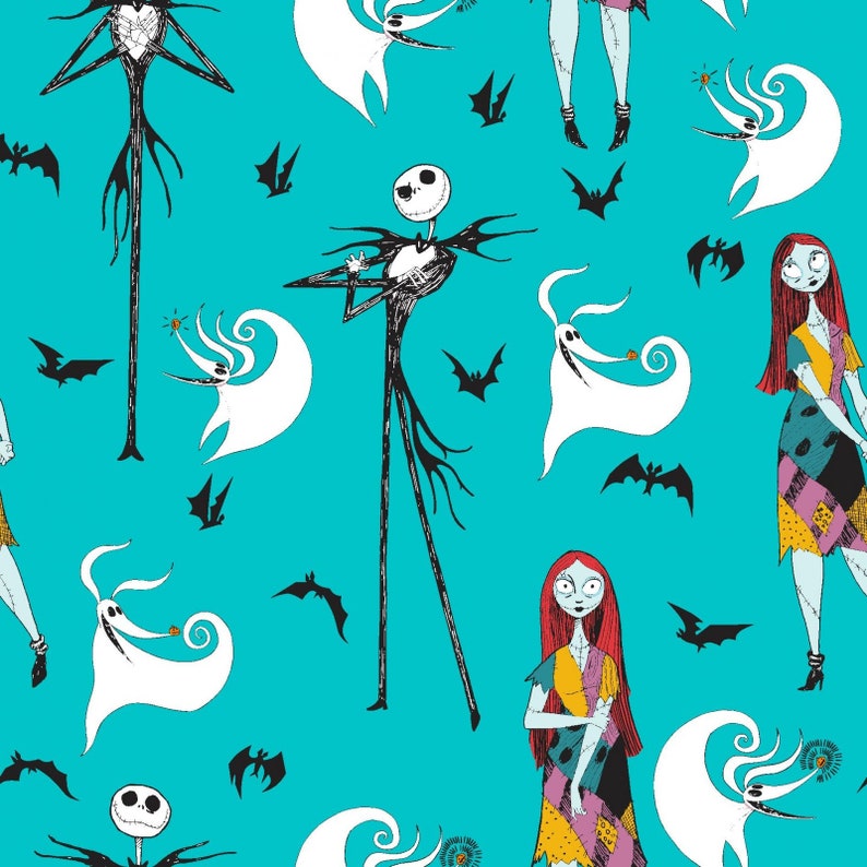 Disney's Nightmare Before Christmas Jack Skellington, Halloweentown, Pumpkin King, Sally, Zero 100% Cotton Fabrics by Springs Creative 73200 AQUA