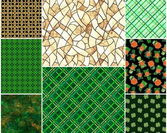 May include: A collage of various patterned backgrounds. The patterns include gold interlocking links on black, a stained glass effect, green plaid, leprechauns on black, and shamrocks on dark green.