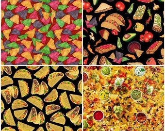 Order Up! Mexican Food 100% Cotton Fabric by QT! Tacos, Burritos, Nacho Chips, Avocado, Enchilada, Quesadilla, Peppers