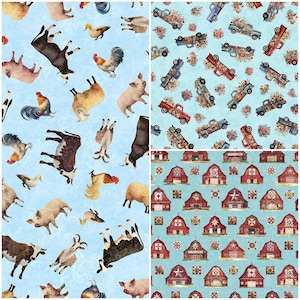 May include: Fabric swatches with farmyard patterns. One shows farm animals on a light blue backdrop. Another features vintage trucks laden with flowers. The third displays red barns on a light blue background.
