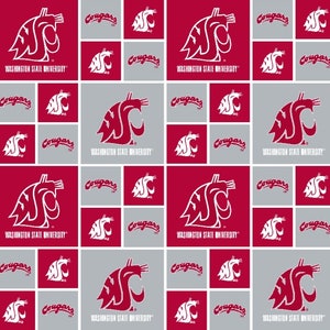 NCAA Washington State Cougars Red & Grey 100% College Logo Cotton Fabric by Sykel 5 Styles 020 RED&GREY BLOCK