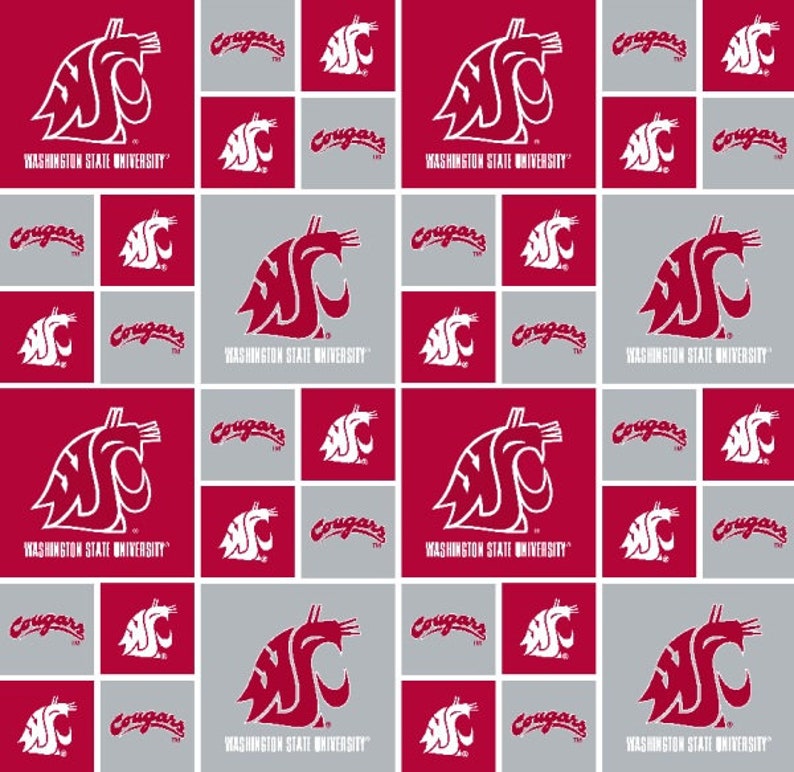 NCAA Washington State Cougars Red & Grey 100% College Logo Cotton Fabric by Sykel 5 Styles 020 RED&GREY BLOCK
