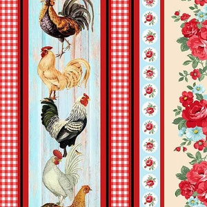 May include: A vertical design featuring a row of roosters with red, white, and black plumage. The roosters are set against a blue and white woodgrain background. The design is flanked by red and white gingham patterns, a blue and white floral pattern, and a cream floral pattern with red and blue flowers.