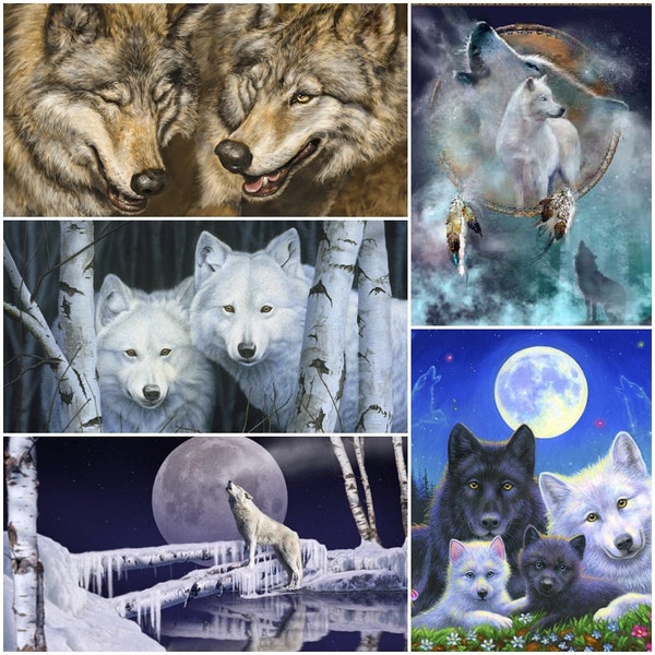 Snowy Winter Wolves Howl at the Moon, Wolf Song, Winter Snowy Birch Trees 100% Cotton Fabric Panels! 5 Styles