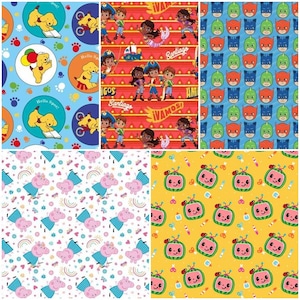 May include: A collage of five patterned fabrics featuring cartoon characters. The designs include yellow Spot dogs on blue, Santiago of the Seas on red, colorful PJ Masks faces on blue, Peppa Pig on white, and Cocomelon characters on yellow.