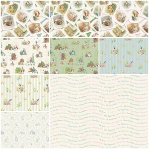 May include: A selection of fabric samples showcasing diverse designs. Some samples feature illustrations of rabbits and woodland animals in a storybook style. Other samples have repeating patterns of ducks, flowers, and text. The colour palette includes soft greens, blues, and pinks.
