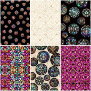 May include: A collection of fabric swatches featuring various patterns. One swatch has a black background with colorful starburst designs. Another has a cream-colored, swirling pattern. Other swatches display stained glass-like circular and floral designs.