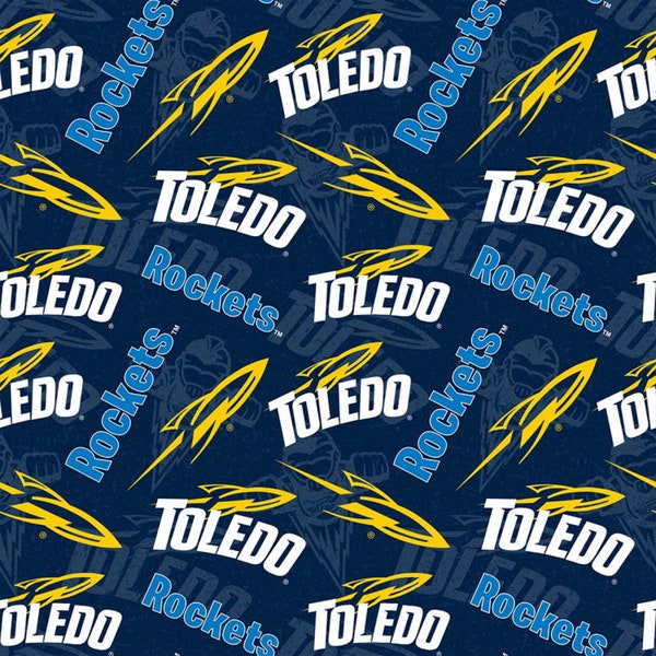 NCAA University of Toledo Rockets 1178 Blue & Yellow College Logo Cotton Fabric by Sykel!