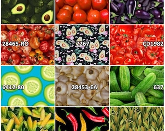 FOOD Vegetable Veggies 100% Cotton Fabric! Avocado, Cucumber, Eggplant, Garlic, Peppers, Tomato 12 Styles