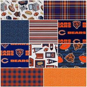May include: A fabric bundle featuring ten distinct patterns including Chicago Bears logos, footballs, pennants, plaid, stripes, and food illustrations like hot dogs and pizza. The designs utilize a color palette of navy blue, orange, and white.