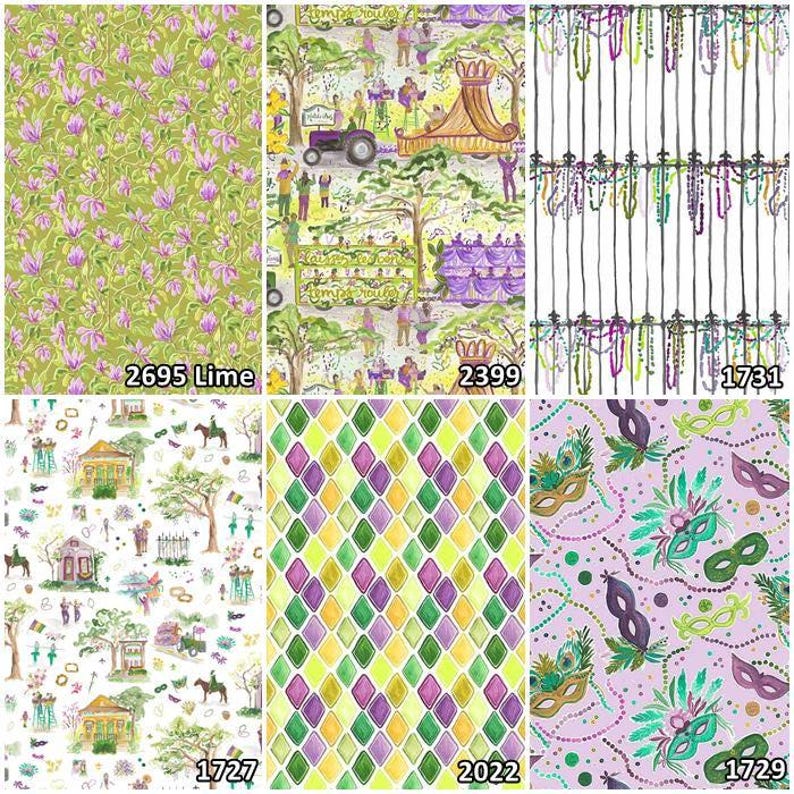 Carnaval de Mardi Gras, Martes de Carnaval, Nueva Orleans, cuentas, plumas, lentejuelas, Nola, confeti. ¡Telas 100 % algodón! 12 estilos. 1731 FENCE BEADS