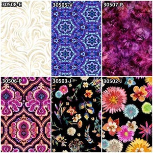 May include: Six different fabric swatches with various patterns and colors. The swatches are labeled with numbers and letters, such as 30508-E, 30505-V, 30507-P, 30506-P, 30503-J, and 30502-J.