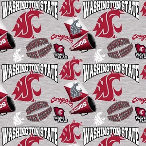 NCAA Washington State Cougars Red & Grey 100% College Logo Cotton Fabric by Sykel 5 Styles 1164 GREY COUGARS