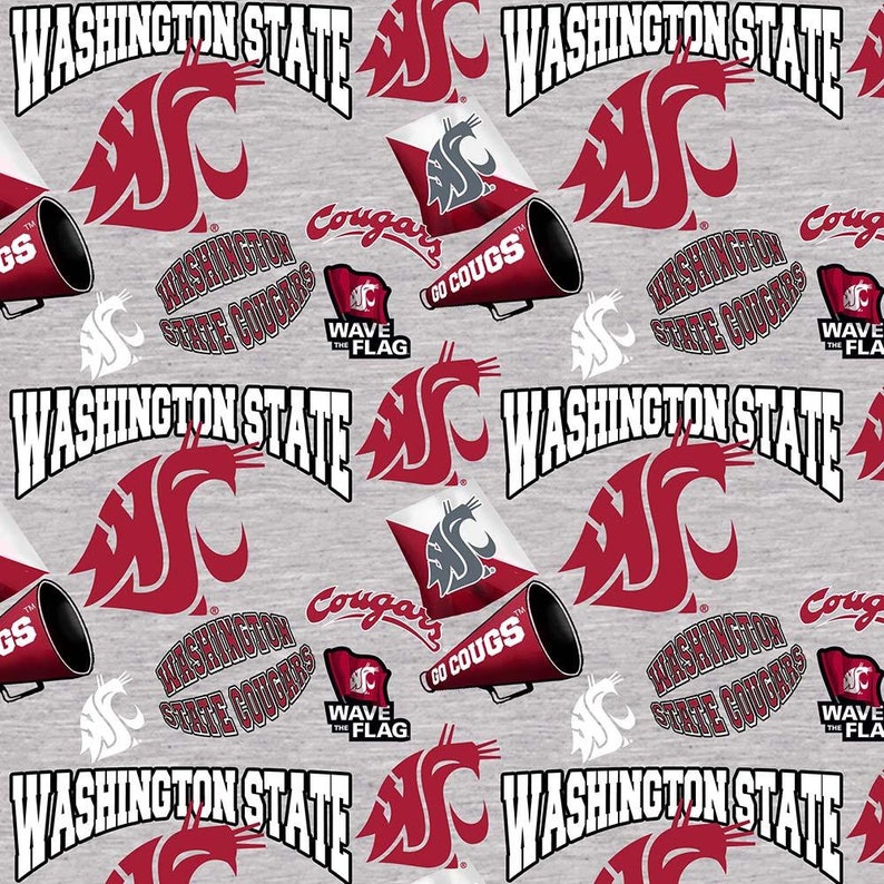 NCAA Washington State Cougars Red & Grey 100% College Logo Cotton Fabric by Sykel 5 Styles 1164 GREY COUGARS