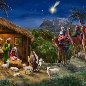 May include: A nativity scene with a star shining brightly in the night sky.  The three wise men are riding camels and approaching the stable where Mary, Joseph, and baby Jesus are.  There are sheep and a cow in the stable.