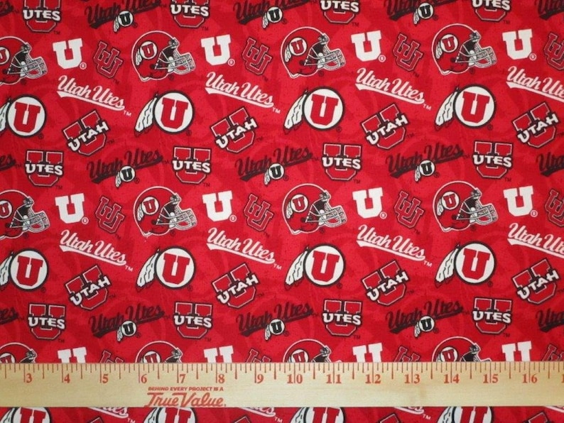 NCAA University of Utah Utes Swoop Red & Black College Logo 100% Cotton Fabric by Sykel 4 Styles 1178 PACKED TOSS RED