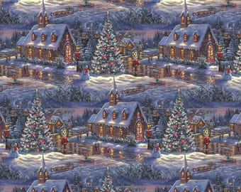 Christmas Chapel #6152 Winter Village Scene 100% Cotton Fabric by David Textiles!