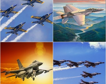 Sunset Military Plane, Fighter Jet, Blue Angels  36&quot; 100% Cotton Fabric Panels by David Textiles! 4 Styles!