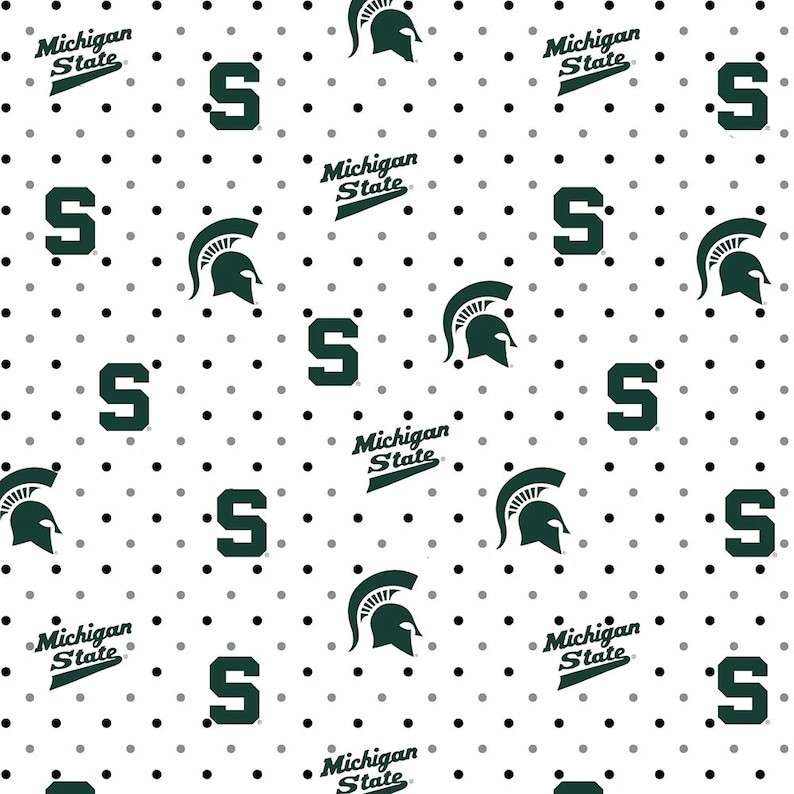 NCAA Michigan State Spartans Green & White College Logo 100% Cotton Fabrics for Quilting by Sykel 12 Styles 1323 PIN DOT WHITE