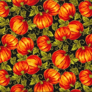 Autumn Pumpkins, Red Trucks, Plaid & Leaves 100% Cotton Quilting Fabrics 4 Styles 15780 PUMPKINS BLK