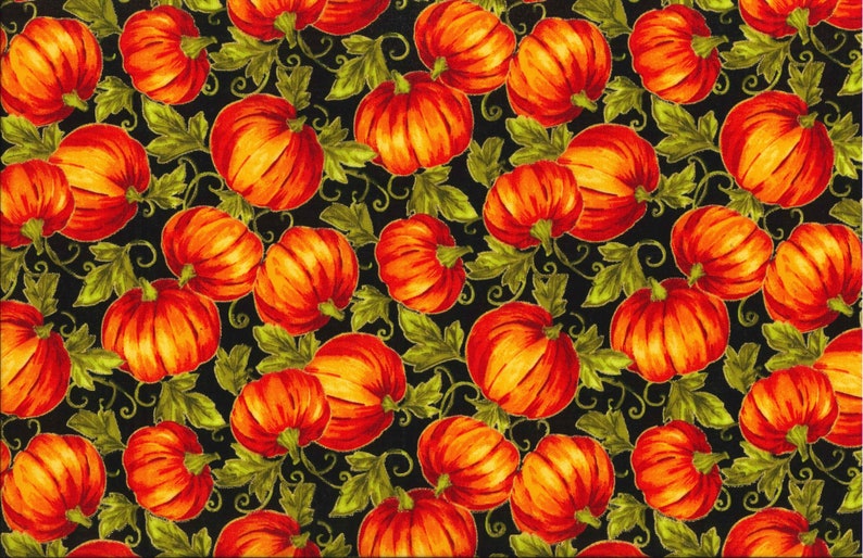 Autumn Pumpkins, Red Trucks, Plaid & Leaves 100% Cotton Quilting Fabrics 4 Styles 15780 PUMPKINS BLK