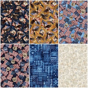 May include: Six fabric patterns featuring American flags, eagles, and patriotic designs. The colour schemes include navy, gold, and red, white, and blue. The patterns are suitable for various craft projects.
