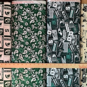 NCAA Michigan State Spartans Green & White College Logo 100% Cotton Fabrics for Quilting by Sykel 12 Styles 1200 Large Paisley