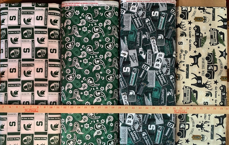 NCAA Michigan State Spartans Green & White College Logo 100% Cotton Fabrics for Quilting by Sykel 12 Styles 1200 Large Paisley