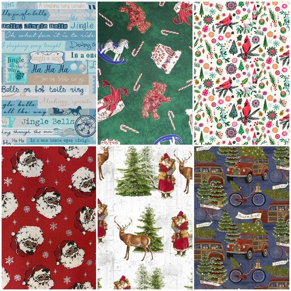 Winter Holiday Christmas Santa, Red Trucks, Snowmen, Reindeer, Trees, Stars, Campers 100% Cotton Fabrics! 6 Styles